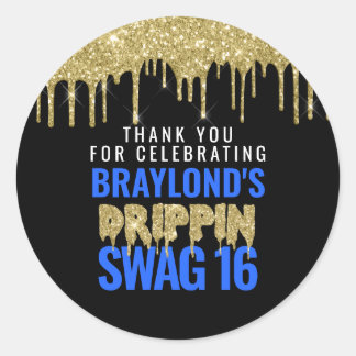 Adesivo Redondo Aniversário 16 Gold and Blue Drippin Swag