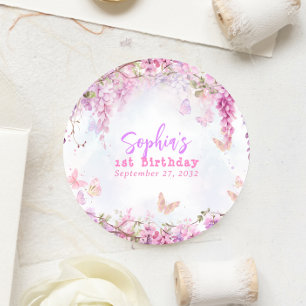 Adesivo Redondo Aniversário Borboleta Wisteria Floral Caprichoso
