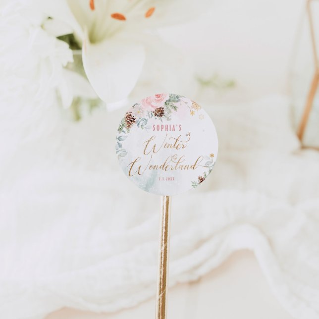 Adesivo Redondo Aniversário brilhante da Maravilha de inverno rosa (Criador carregado)