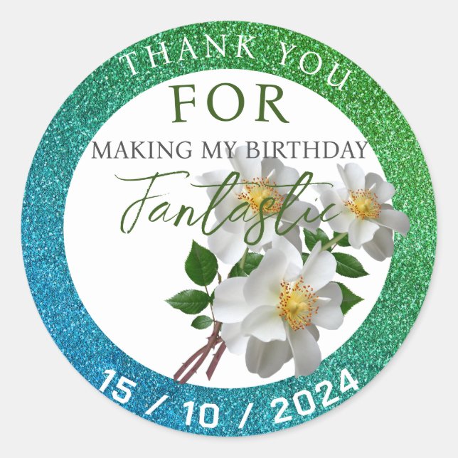 Adesivo Redondo Aniversário com flor branca (Frente)