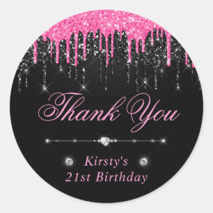 Adesivo Redondo Aniversário com Glitter Preto e Rosa Derramado