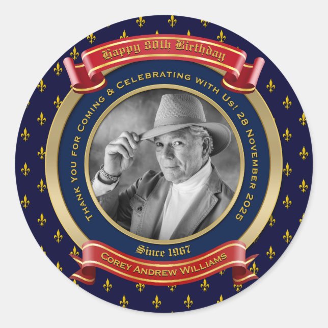 Adesivo Redondo Aniversário Comemorativo Dourado Foto 80 Anos Oite (Frente)