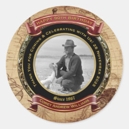 Adesivo Redondo Aniversário Comemorativo Mapa Vintage Foto Dourada