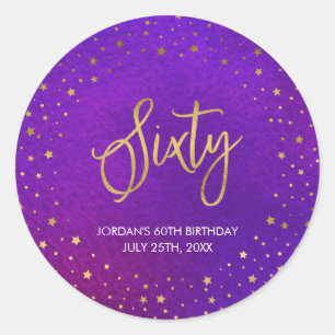Adesivo Redondo Aniversário da aguarela roxa estrelado 60th