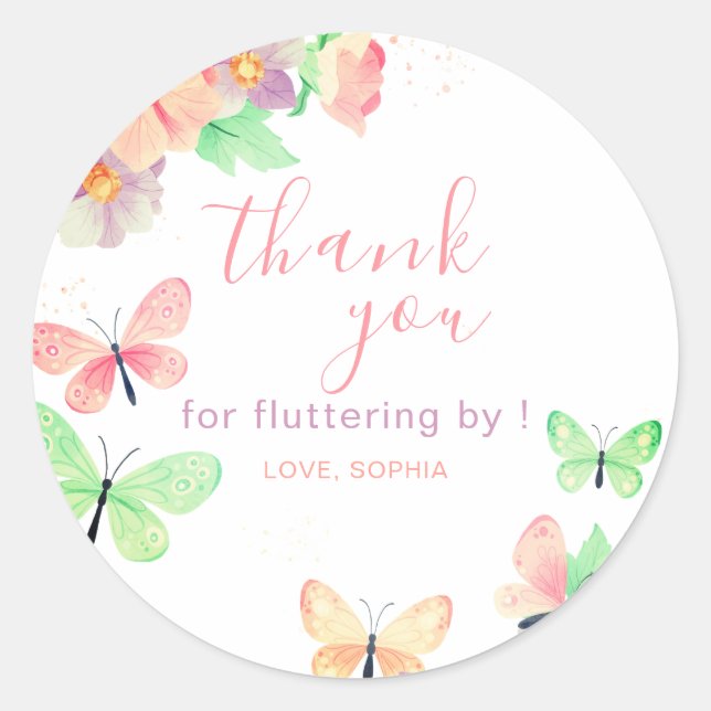 Adesivo Redondo Aniversário da Borboleta Floral Elegante (Frente)