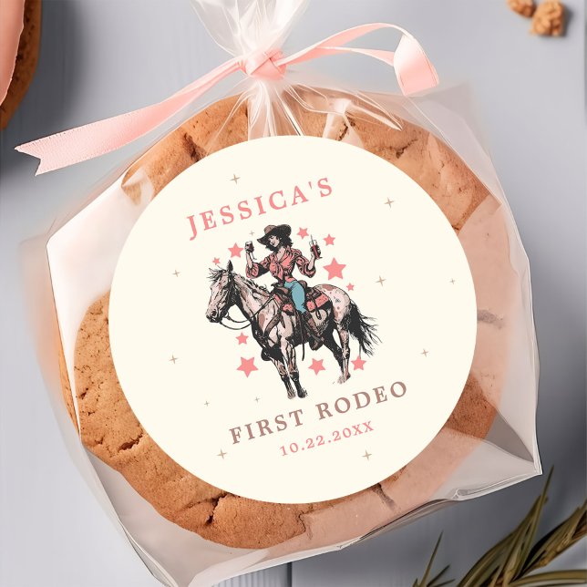 Adesivo Redondo Aniversário da Cowgirl Ocidental selvagem do Oeste (Criador carregado)