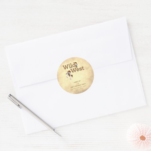 Adesivo Redondo Aniversário da Criança de Cowboy Selvagem Ocidenta (Envelope)
