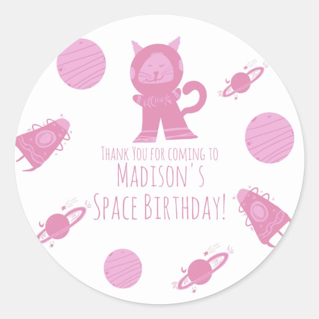 Adesivo Redondo Aniversário da Galáxia Rosa de Gato Espacial (Frente)