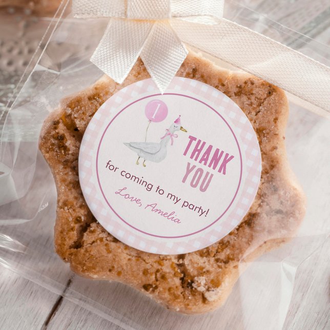 Adesivo Redondo Aniversário da Garota Balônica de Ganso-Bobo Rosa (Criador carregado)