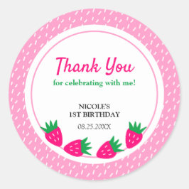 Adesivo Redondo Aniversário da Garota de Morango Cor-de-Rosa, Agra