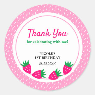Adesivo Redondo Aniversário da Garota de Morango Cor-de-Rosa, Agra