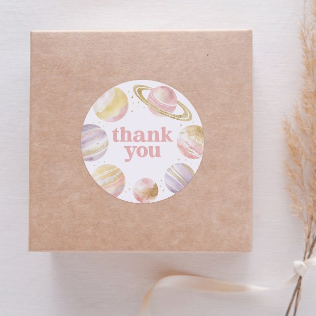 Adesivo Redondo Aniversário da Menina do Espaço Exterior Rosa (Criador carregado)