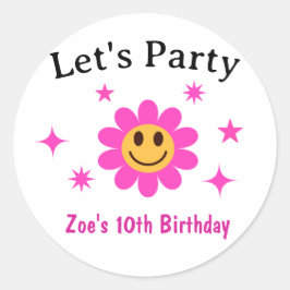Adesivo Redondo Aniversário da Menina Rosa-Rosa Sorridente