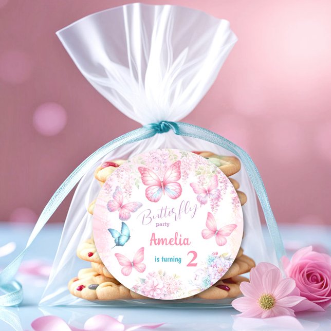 Adesivo Redondo Aniversário da Pequena Borboleta Rosa Floral de Ve (Little Butterfly Pink Floral Summer Girl Birthday Classic Round Sticker)