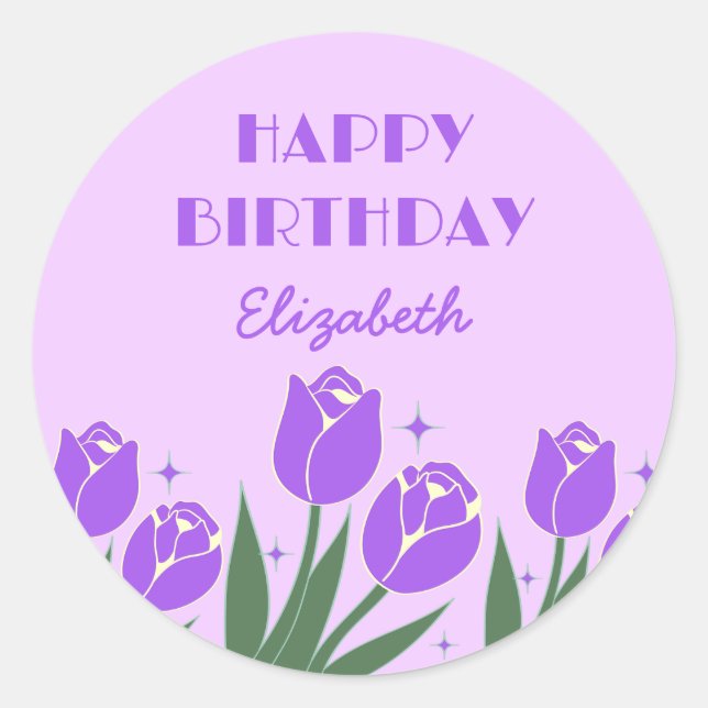 Adesivo Redondo Aniversário da Púrpura Floral da Tulipa Retro Eleg (Frente)