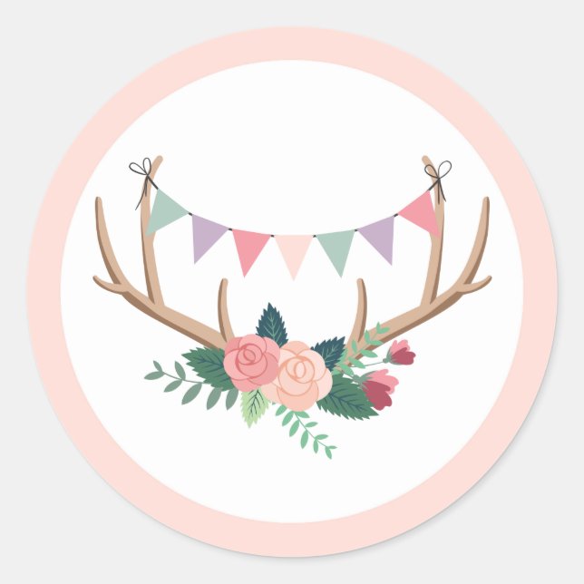 Adesivo Redondo Aniversário da rosa Antlers & Party Bunting Girl (Frente)
