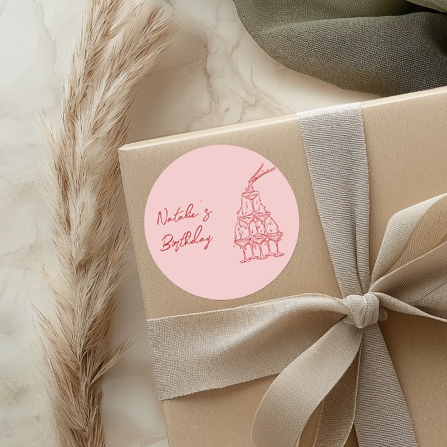 Adesivo Redondo Aniversário da Torre Vermelha Rosa-Rosa de Champan (Criador carregado)