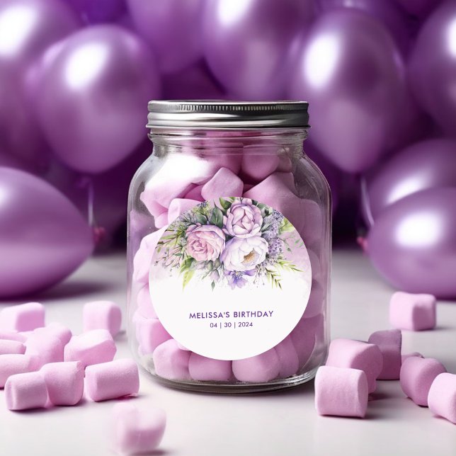 Adesivo Redondo Aniversário das Flores do Jardim Roxo e Rosa (Purple & Pink Garden Flowers Girl Birthday Classic Round Sticker)
