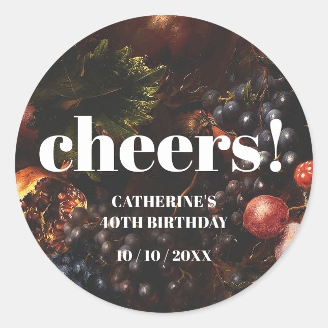 Adesivo Redondo Aniversário das Uvas Frutas da Borgonha Escura (Frente)