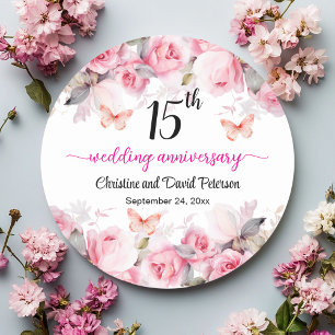 Adesivo Redondo Aniversário de 15 anos de Casamento Cristal Rosas