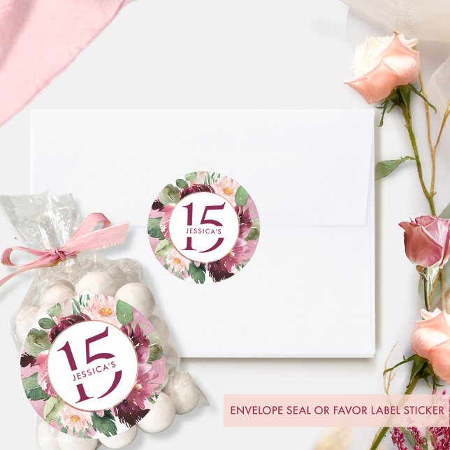 Adesivo Redondo Aniversário de 15 anos (ou outro), Floral Marrom B (Criador carregado)