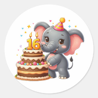 Adesivo Redondo Aniversário de 16 anos de Elefante Fofo