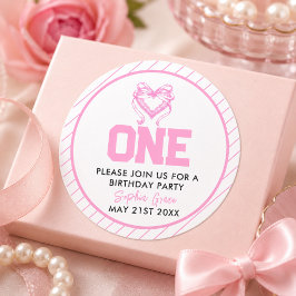 Adesivo Redondo Aniversário de 1 ano Coquette com Laço Rosa Fofo