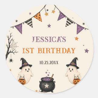Adesivo Redondo Aniversário de 1 ano das meninas no Halloween Fant