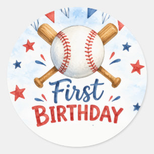Adesivo Redondo Aniversário de 1 ano de Beisebol Aquarela