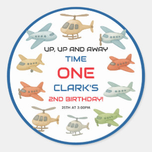 Adesivo Redondo Aniversário de 1 ano do Menino Avião Festa Diver