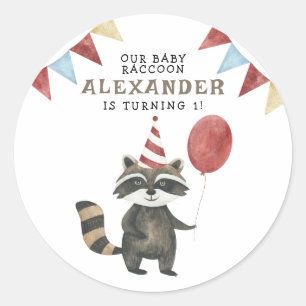 Adesivo Redondo Aniversário de 1 ano do nosso bebê guaxinim