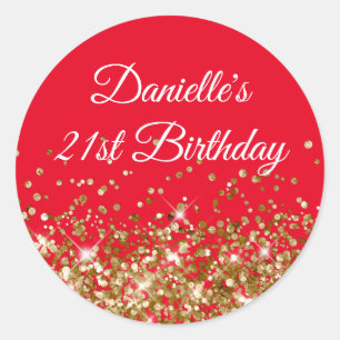 Adesivo Redondo Aniversário de 21 anos em Glitter Dourado e Vermel
