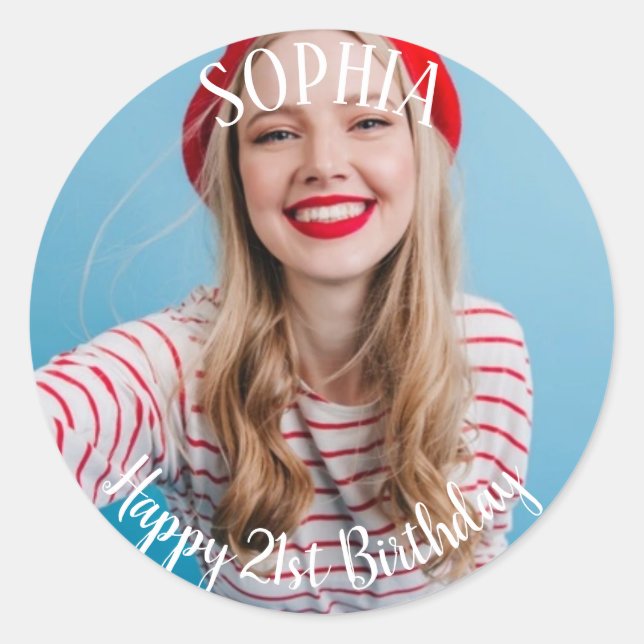 Adesivo Redondo aniversário de 21 anos personalizado saco de festa (Frente)