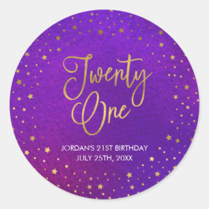 Adesivo Redondo Aniversário de 21 anos roxo estrelado elegante da