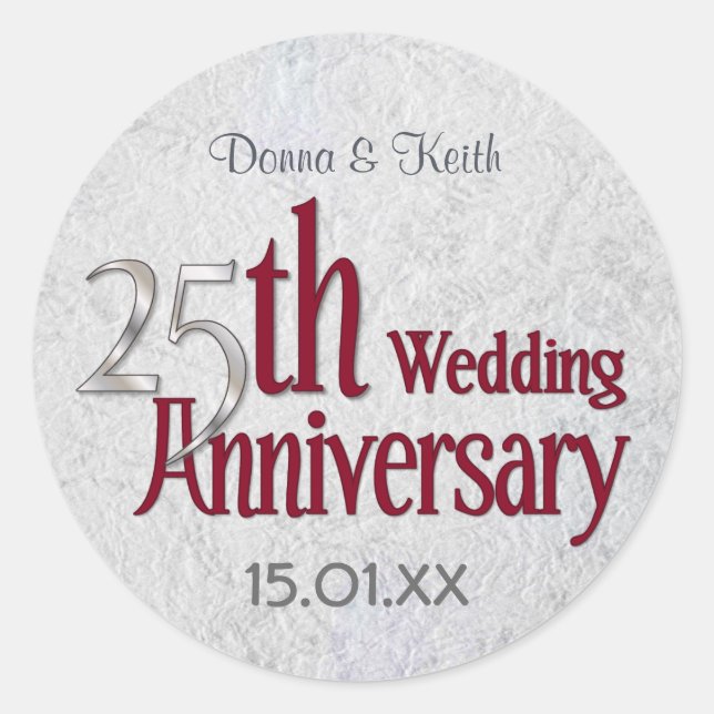 Adesivo Redondo Aniversário de 25 Silver e Burgundy (Frente)
