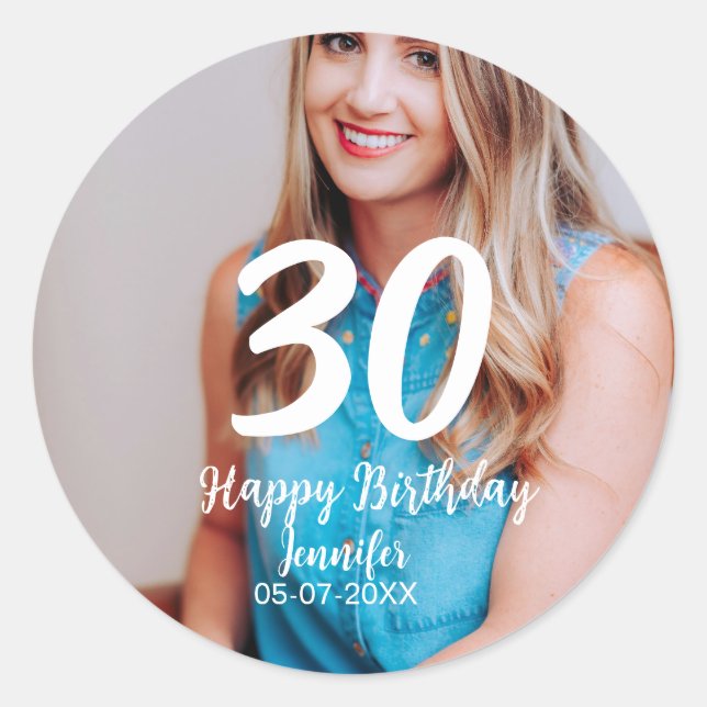 Adesivo Redondo aniversário de 30 anos adiciona nome data ano ano  (Frente)