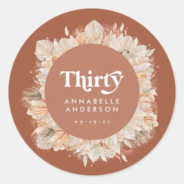 Adesivo Redondo Aniversário de 30 anos de erva-de-pampas moderna (Frente)