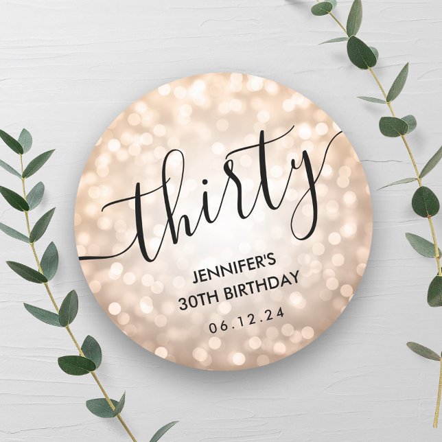 Adesivo Redondo Aniversário de 30 anos de Luzes Leves Douradas do  (Modern Rose Gold Glitter Lights 30th Birthday Classic Round Sticker)