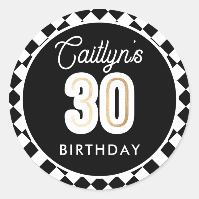 Adesivo Redondo Aniversário de 30 anos preto branco e Dourado (Frente)