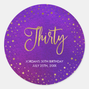 Adesivo Redondo Aniversário de 30 anos roxo estrelado elegante da