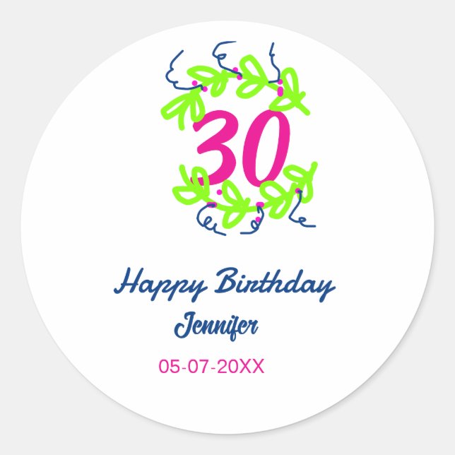 Adesivo Redondo aniversário de 30 anos verde azul wreath name date (Frente)