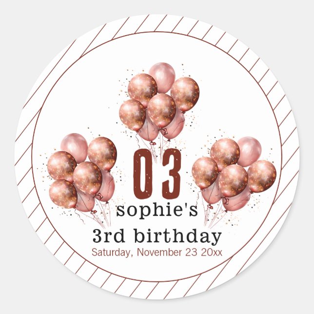 Adesivo Redondo Aniversário de 3 anos de balão Dourado Rosa com br (Frente)