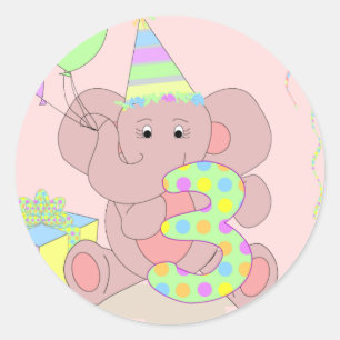 Adesivo Redondo aniversário de 3 anos Elephant Sticker for Girls