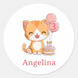 Adesivo Redondo Aniversário de 3 anos Personalizado, Gatinho Gengi