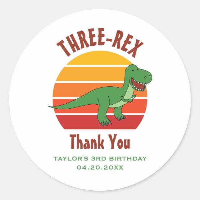 Adesivo Redondo aniversário de 3 anos Três Rex Dinossauro Divertid (Frente)
