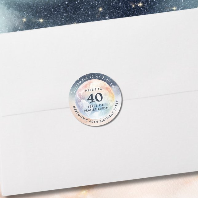 Adesivo Redondo Aniversário de 40 anos do Céu Celestial Planeta Te (Planet Earth Celestial Sky 40th Birthday Envelope Seal Stickers)