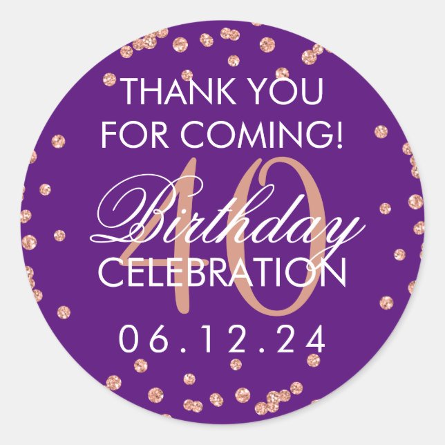 Adesivo Redondo aniversário de 40 anos rosa Dourado Roxo Obrigado  (Frente)