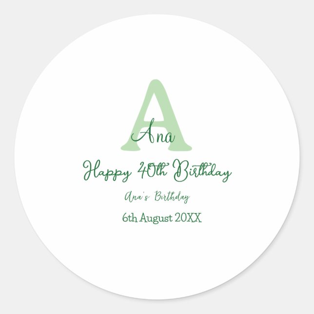 Adesivo Redondo Aniversário de 40 anos verde feliz adicionar nome  (Frente)