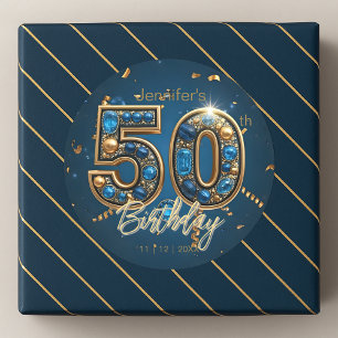 Adesivo Redondo Aniversário de 50 anos em Azul Safira e Dourado Jo