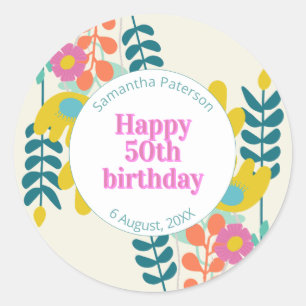 Adesivo Redondo aniversário de 50 anos floral moderno colorido bon